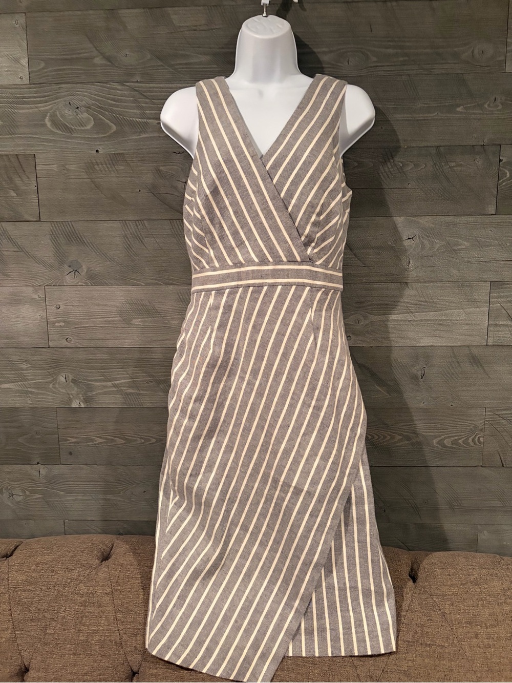 Banana Republic Gray and Cream Striped V-Neck Midi Dress